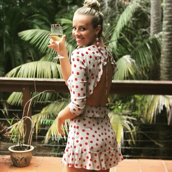 💕REALISATION PAR💕 Goldie Cherry Dress ~ Red Polka Dot Print XS 100% Silk - Picture 6 of 16